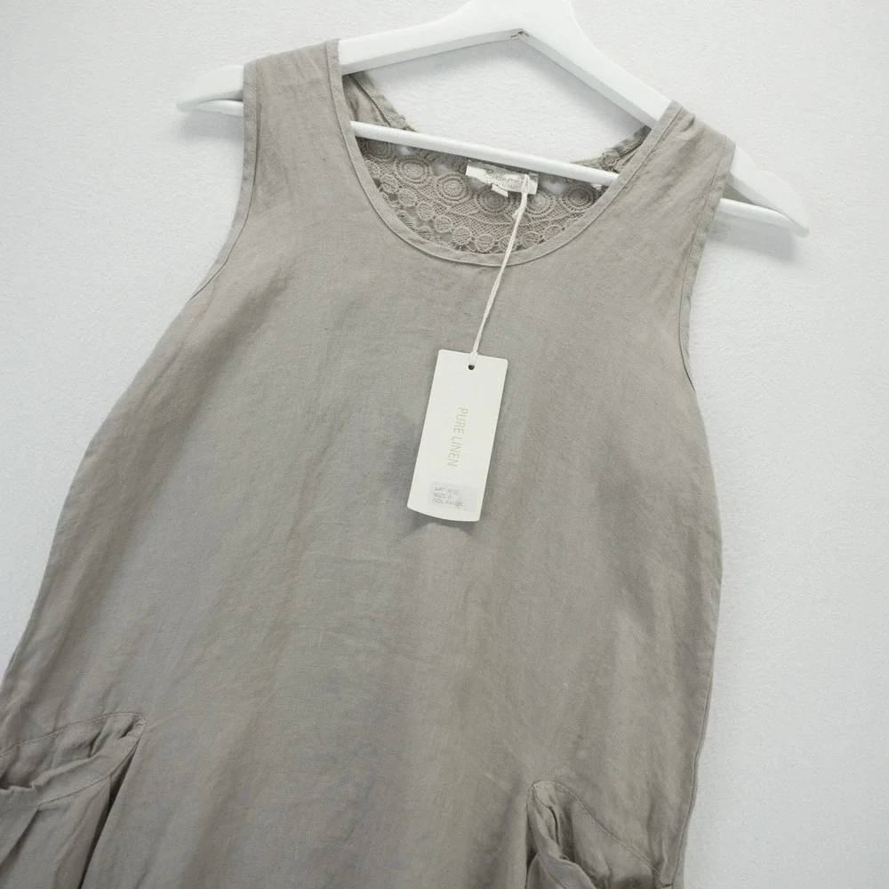 Bellambra Italy Linen Crochet Lace Shift Dress Tan Beige Sleeveless NWT Small - Picture 2 of 9